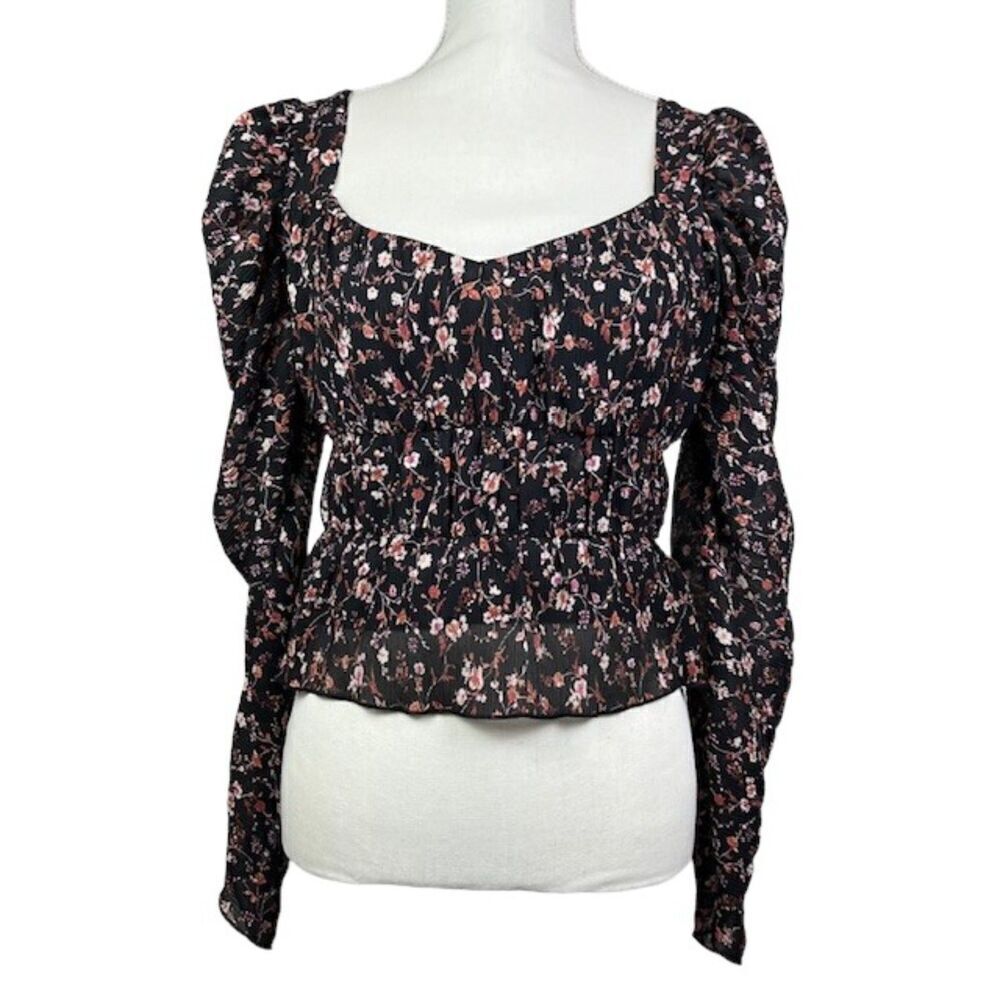 Sadie & Sage Black Floral Blouse Ruched Bodice Puff Sleeve Lined Black Small